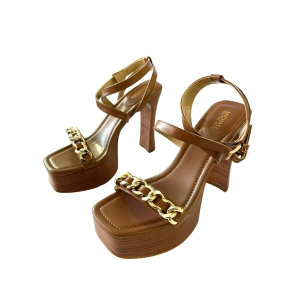 Michael Kors Paola Chain Embellished Leather Brown Platform Sandal Heels 7.5 - Picture 4 of 9